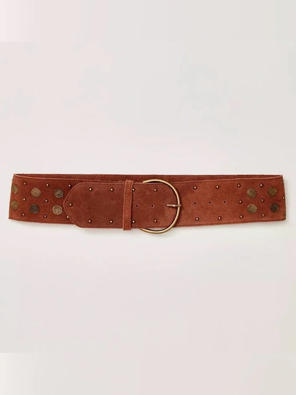 Free People Honeydew Hip Belt - Wide Studded Brown Suede Gold Buckle S / M NWOT
